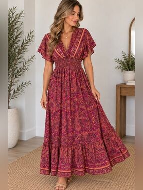 NWT Vice Apparel Paisley Maxi Dress | One Size | Boho Pink & Gold